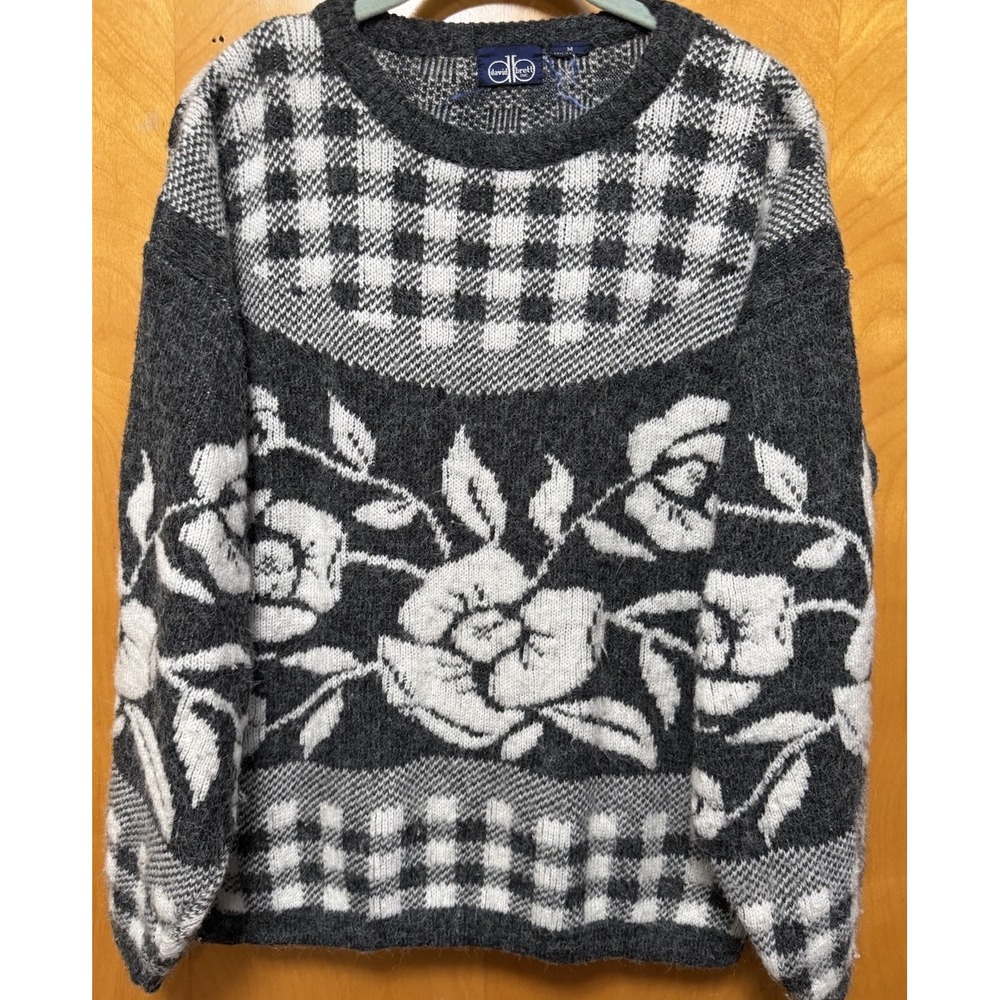 David Brett Womens Checkered Floral‎ Wool Blend Fuzzy Sweater Cottage Core Sz M
